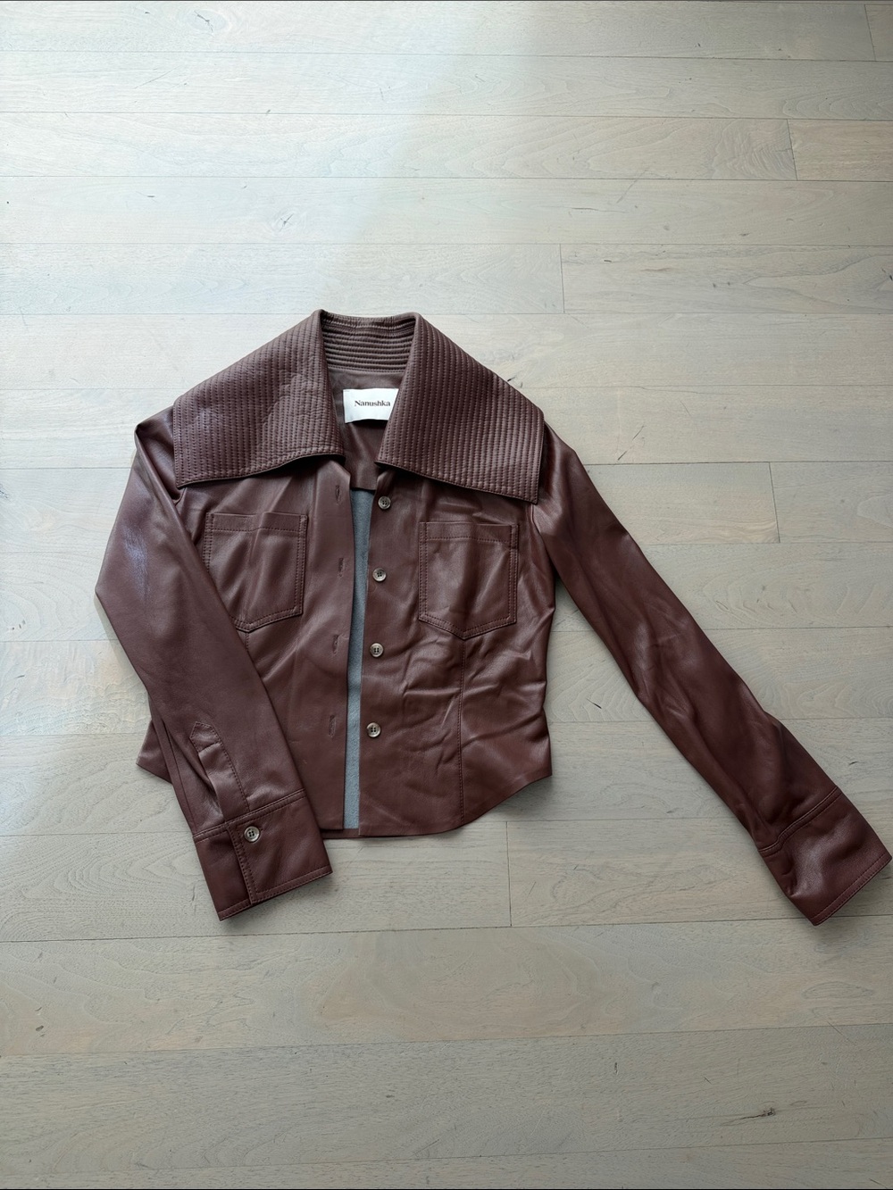 Nanushka Chocolate Brown Leather Jacket with Wide Textured Collar